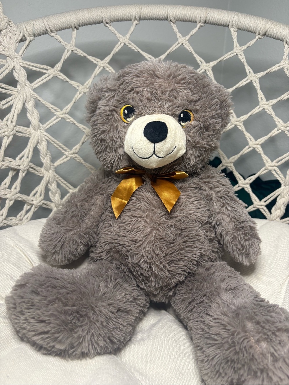 Plush Gray Teddy Bear with Gold Bow - Soft Kids Toy
